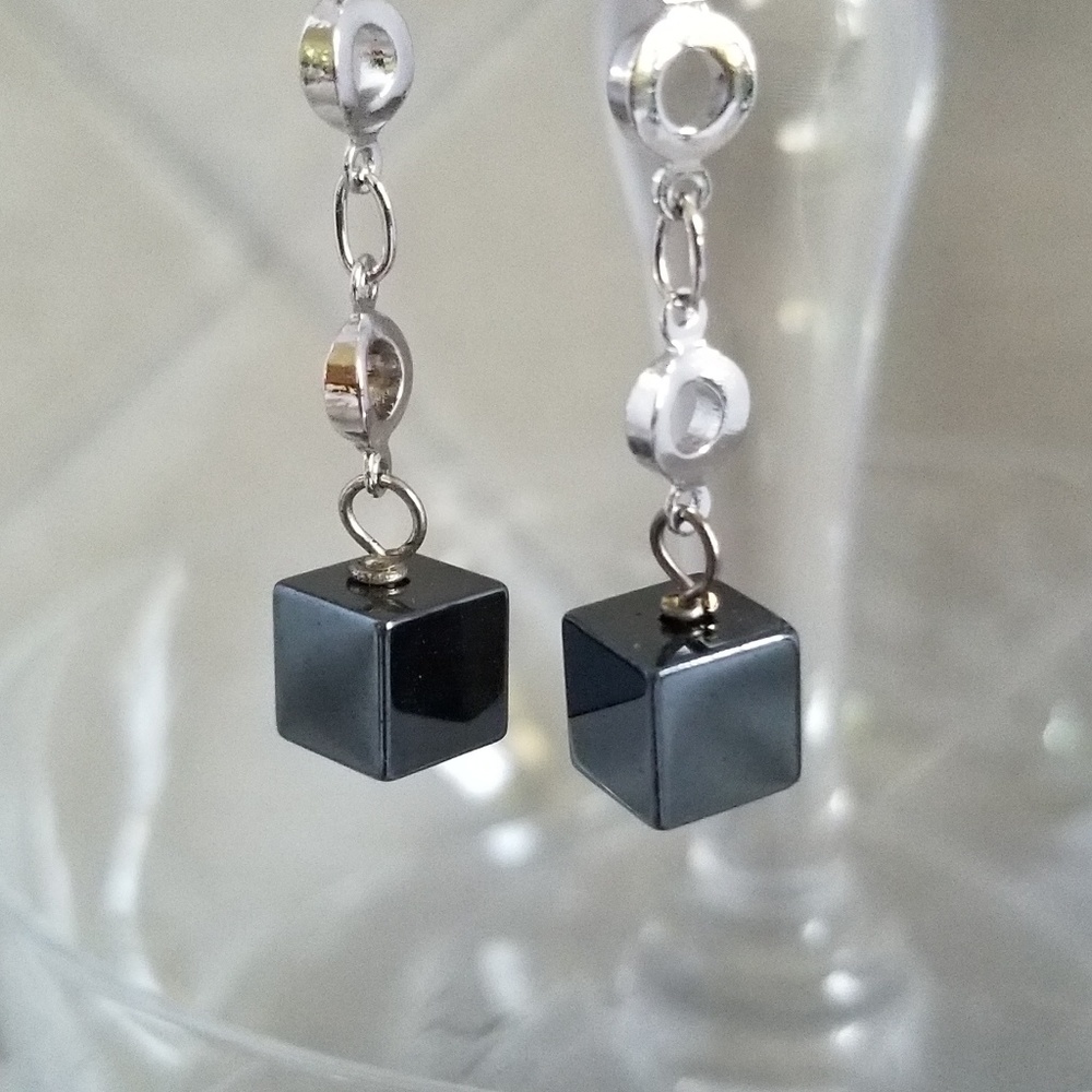Hematite Cube Dangle Earrings
